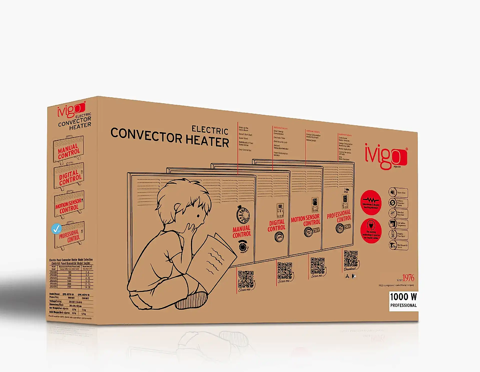 EPK 1000 Watt Profesyonel Wi-Fi Konvektör Isıtıcı Beyaz Ayak + Askılı